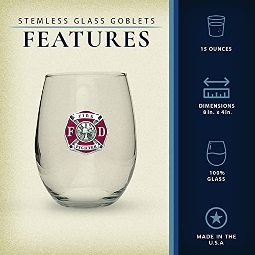 Heritage Pewter Firefighter Stemless Glass Goblets – Set of 2 | 15 OZ Goblet Wine Glasses | Expertly Crafted Pewter Glass - style: FIREFIGHTER RED