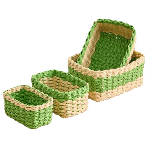 4PCS Woven Storage Baskets Set, Small Baskets for Organizing, Square Handwoven Paper Rope Organizer Bins for Shelves and Home Storage (Natural & Green) - color: Natural & Green