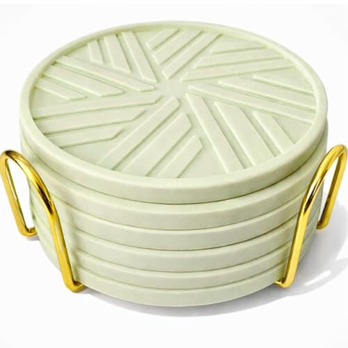Silicone Coasters Set of 6 with Gold Holder and Modern smart Pattern, Protection for Coffee Table - Ivory - color: Neutral Ivory