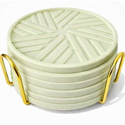 Silicone Coasters Set of 6 with Gold Holder and Modern smart Pattern, Protection for Coffee Table - Ivory - color: Neutral Ivory