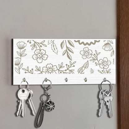 Flowers Wooden Key Holder, Hooks Organizer Hanger, Keys Holder Wall Mount, Home Decor Housewarming Gift, Wall Wood Decor for Front Door Kitchen Garage Office
