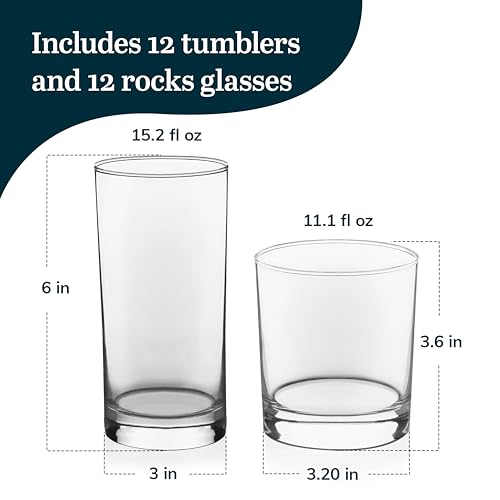 Province Tumbler & Rocks Beverage Glasses Set of 24, Clear Glass Cups | 15.2 oz and 11.1 oz Capacities for Water, Juice, Cocktails, and More with Lightweight Design and Dishwasher-Safe Cleanup - color: 03 - Province 24