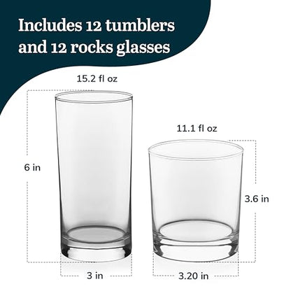 Province Tumbler & Rocks Beverage Glasses Set of 24, Clear Glass Cups | 15.2 oz and 11.1 oz Capacities for Water, Juice, Cocktails, and More with Lightweight Design and Dishwasher-Safe Cleanup - color: 03 - Province 24