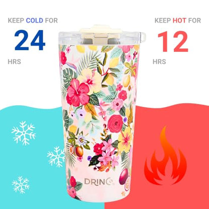 Drinco - 20 oz Stainless Steel Tumbler | Double Walled Vacuum Insulated Mug With Lid, 2 Straws, For Hot & Cold Drinks (20oz Tropical Bloom) - color: 20oz Tropical Bloom