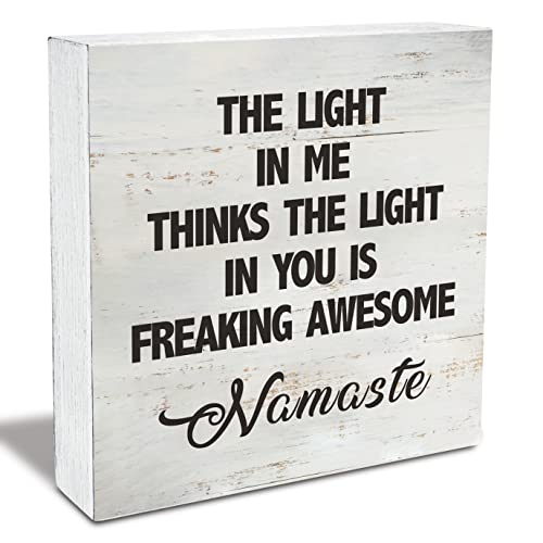 Namaste Quote the Light in Me Thinks the Light in You Wood Box Sign Rusitc Wooden Box Sign Yoga Meditation Room Desk Shelf Decor (5 X 5 Inch) - color: Brown