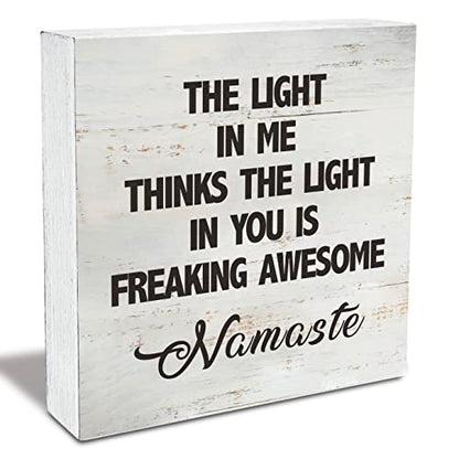 Namaste Quote the Light in Me Thinks the Light in You Wood Box Sign Rusitc Wooden Box Sign Yoga Meditation Room Desk Shelf Decor (5 X 5 Inch) - color: Brown