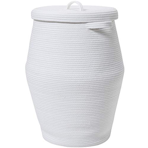 26"x20" Extra Large Tall Woven Laundry Basket with Lid, Cotton Rope Blanket Storage Basket, Freestanding Decorative Bin for Bedroom Living Room, White - color: All White, size: 26"x20"
