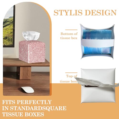 Leather Tissue Box Holder Pink Gold Glitter Tissue Box Cover Square Waterproof Holder Organizer Modern Napkin Holder for Bedroom Dresser Night Stand Office Desk - color: Pink Gold Glitter