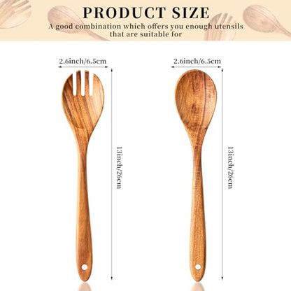 Gudamaye Acacia Wooden Salad Server Set,13 inch Salad Tongs for Serving including Salad Mixing Dinner Fork and Spoon,Long Handle Salad Server Set - color: Acacia