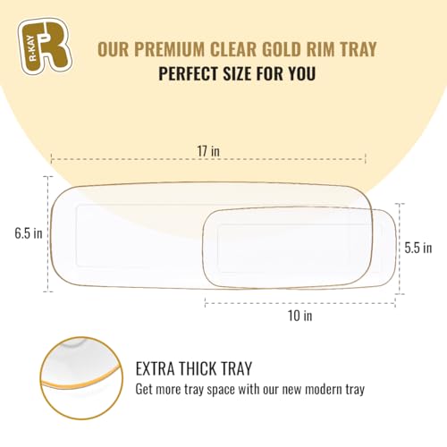 R-kay 4 Pack Clear Plastic Serving Trays - 10 by 5.5 in Heavy Duty Rectangular Platters for Party, Food, and Desserts - color: Clear And Gold, size: 10 Inch