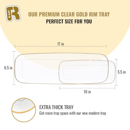 R-kay 4 Pack Clear Plastic Serving Trays - 10 by 5.5 in Heavy Duty Rectangular Platters for Party, Food, and Desserts - color: Clear And Gold, size: 10 Inch