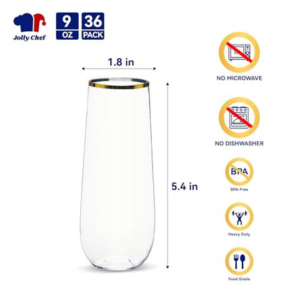 JOLLY CHEF 36 Pack 9 Oz Plastic Champagne Flutes, Gold Stemless Plastic Toasting Glasses| Shatterproof | Heavy Duty | Plastic Disposable Unbreakable Drinkware for Wedding, Party, Thanskgiving - color: Gold