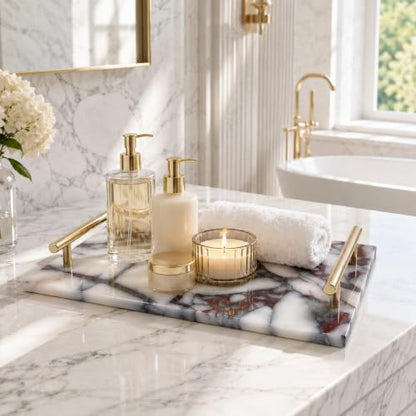 Calacatta Viola Marble Bathroom Tray with Gold Handles, Natural Stone Vanity Organizer for Towels and Essentials (with Handle 30x20cm) - color: With Handle 30x20cm