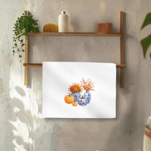 Fall Chinoiserie Kitchen Towels Set of 2, Fall Flowers Hand Towels | Autumn Blue and White Porcelain Dish Tea Towel for Kitchen Decorative, Blue Grandmillennial Fall Bathroom Decor, 16x24In