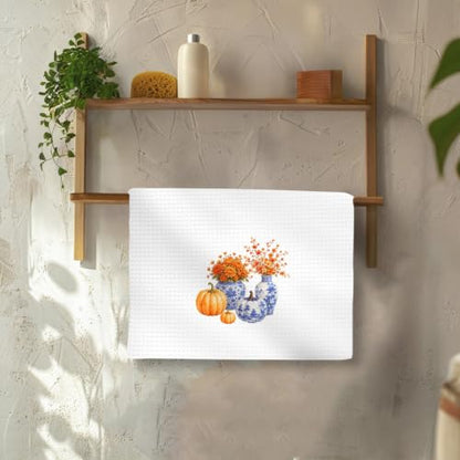 Fall Chinoiserie Kitchen Towels Set of 2, Fall Flowers Hand Towels | Autumn Blue and White Porcelain Dish Tea Towel for Kitchen Decorative, Blue Grandmillennial Fall Bathroom Decor, 16x24In