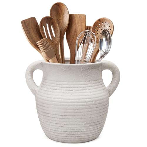 Rustic Utensil Holder for Kitchen Counter - Large Ceramic Farmhouse Cooking Utensil Crock & Organizer for Spatula, Spoon - Vintage Kitchen Decor (Ivory) - color: Ivory