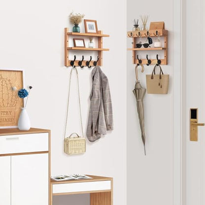 29" Coat Rack Wall Mount with Shelf, Pine Two-Tier Wall Shelf Mounted Coat and Key Hanger with 7 Heavy Duty Hooks 4 Key Hooks, Entryway Key Holder with Mail Holder for Bedroom,Living Room (Wood) - color: Wood Pine