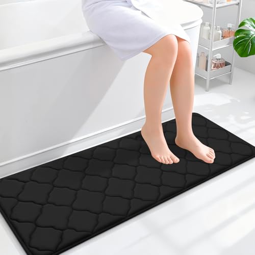 OLANLY Memory Foam Bath Mat Rug 47x17, Ultra Soft and Absorbent Bathroom Rugs, Non-Slip, Comfortable, Machine Washable Bath Carpet for Bathroom Floor, Tub, Shower and Home Decor Accessories, Black - color: Black, size: 47" X 17"