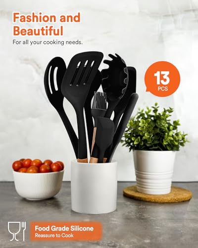 Kitchen Utensils Set, 13PCS Silicone Cooking Utensils, Heat Resistant Kitchen Utensil Spatula Set for Nonstick Cookware, Wooden Handles Kitchen Gadgets Tools Set - color: Black