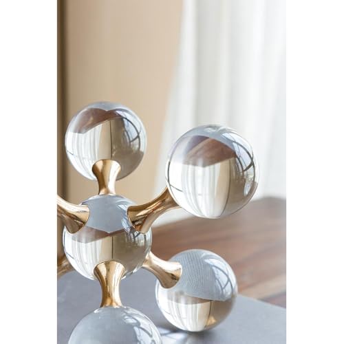 Gold Iron and Crystal Glass Sphere Sculpture - Modern Geometric Decorative Accent for Home, Office, or Living Room (Luxury Tabletop Art Piece) - 7" x 7" x 7"
