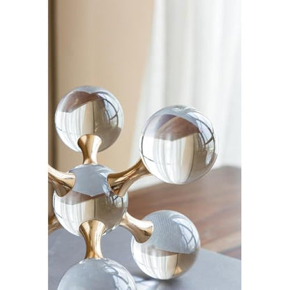 Gold Iron and Crystal Glass Sphere Sculpture - Modern Geometric Decorative Accent for Home, Office, or Living Room (Luxury Tabletop Art Piece) - 7" x 7" x 7"