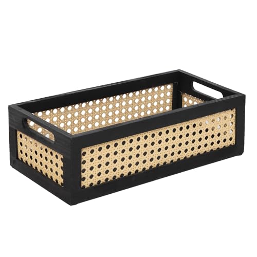Wood Storage Basket, Small Rattan Storage Box with Handles for Bathroom Kithen Office Desk
