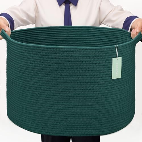 Large Cotton Rope Blanket Basket, 87L Laundry Hamper, Dark Green | Collapsible Woven Nursery Hamper, Sturdy Handles for Clothes Toys Towels, Ideal for Living Room Bedroom Bathroom - color: Dark Green, size: 87L (22"x14")