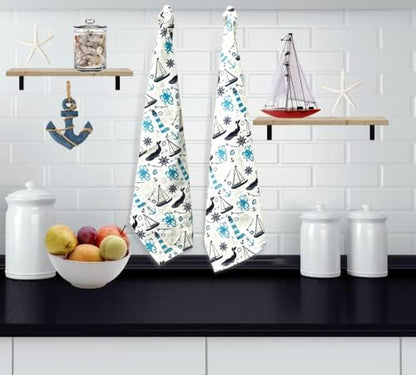 Summer Kitchen Dish Towel Set: Two Lighthouse Ocean Life Design, One Home is Where Your Anchor Drops Set of 3 (Coastal) - color: Coastal Anchor