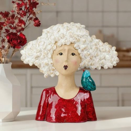DiliComing Women-Head Statues for Home Decor 11 Inch Modern Art Statue | Garden Decor, Resin Bust Sculptures with Bird, For Coffee Tabletop Bedroom Office, Garden Gift - color: Women & Bird Red
