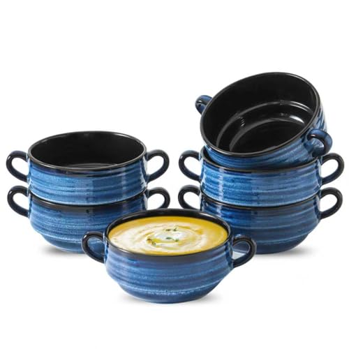 HASENSE Ceramic Soup Bowls, 20 oz French Onion Soup Bowls with Handle Set of 6, Small Serving Crock for Stew, Pasta, Chili, Cereal, Microwave Oven and Dishwasher Safe, Blue - color: Blue, size: 20oz - 6pcs