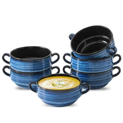 HASENSE Ceramic Soup Bowls, 20 oz French Onion Soup Bowls with Handle Set of 6, Small Serving Crock for Stew, Pasta, Chili, Cereal, Microwave Oven and Dishwasher Safe, Blue - color: Blue, size: 20oz - 6pcs