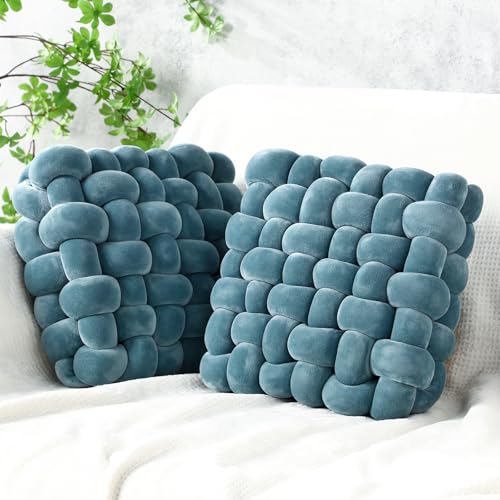 Wenqik 2 Pcs Knot Pillows Square Knotted Plush Throws Soft Accent Pillows Decoration Cushion for Couch Home Office Living Room Bedroom Bed Sofa Decor, 12'' x 13''(Haze Blue,Crystal Velvet) - color: Haze Blue