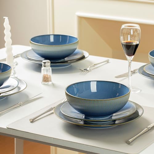 Dinnerware Sets for 4, 12 Piece Stoneware Plates and Bowls, Blue | 12 piece stoneware set for 4 with ribbed texture; dinner plates, salad plates and 33 oz bowls, microwave, dishwasher safe.