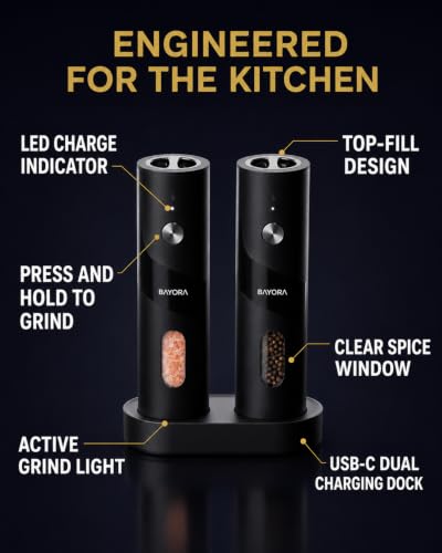Rechargeable Electric Salt & Pepper Grinder Set, Charging Base, 2-Pk | Adjustable coarseness, large capacity, LED grind light, ceramic core, no batteries needed. Great kitchen gift.