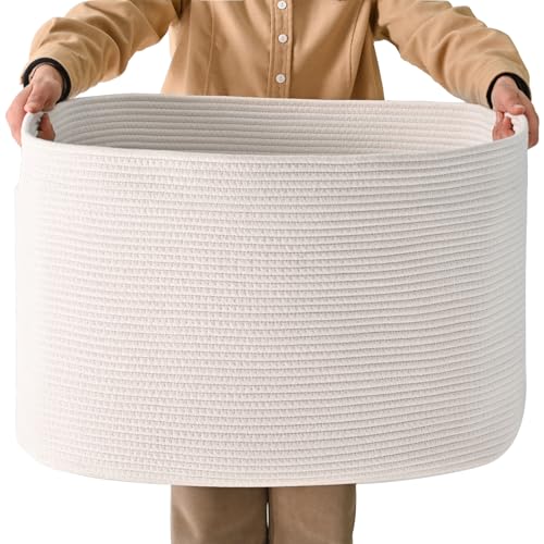 ICERZCZ White Laundry Basket, Blanket Baskets for Living Room, Cotton Rope Baskets for Storage, Woven Basket for Blankets, Toys, Clothes, Shoes, White, 25”x16”x16” (105L) - color: White, size: 25”x16”x16”