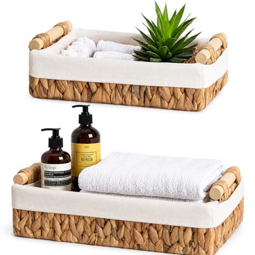 Water Hyacinth Bathroom Baskets Set of 2, Wooden Handles | Toilet Tank Basket for Shelves Hyacinth Storage for Bathroom Counter, Vanity & Shelf Organizer for Towels & Toiletries - color: Water Hyacinth