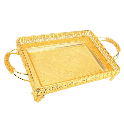 Metal Serving Tray for Food Snacks Fruit, Decorative Rectangle Party Platter, European Style Gold Tray with Raised Edges, Large Serving Dish for Home Decor and