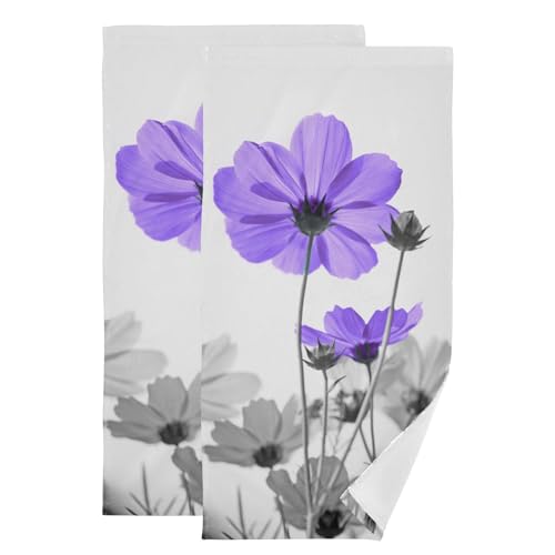 2 Pack Purple Grey Daisy Blooming Flower Hand Towels for Bathroom,Absorbent Vintage Farm Wildflower Plant Fingertip Guest Decorative Bath Towels,Soft Dish Towels for Kitchen Decor 14"x28" - color: Purple Grey