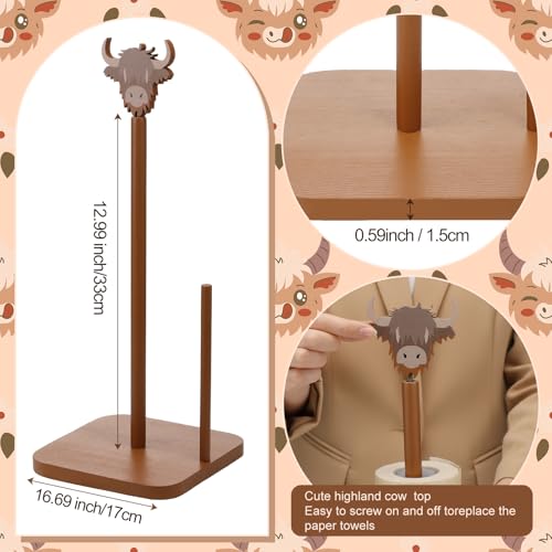 Leinuosen Brown Paper Towel Holder Cute Highland Cow Wooden Paper Towel Holder Brown Bathroom Countertop Accessories Kitchen Stand Organizer Standing Apartment Decor Housewarming Gift - style: Highland Cow