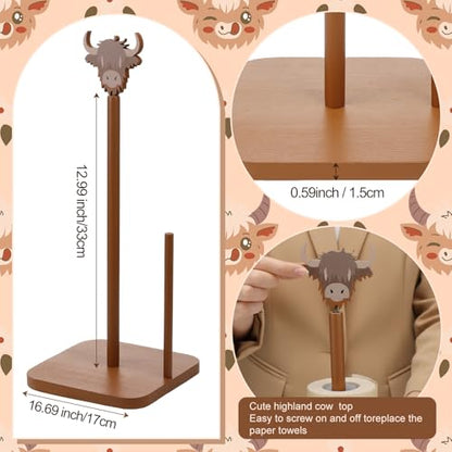 Leinuosen Brown Paper Towel Holder Cute Highland Cow Wooden Paper Towel Holder Brown Bathroom Countertop Accessories Kitchen Stand Organizer Standing Apartment Decor Housewarming Gift - style: Highland Cow