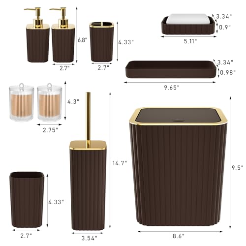 XLHOMO Bathroom Accessories Set - Gorgeous Bathroom Set, 10PC Brown Bathroom Accessories, Bathroom Accessory Set, Toilet Brush, Trash Can, Qtip Holder Dispenser & Soap Dispenser - size: Bath Set, style: Brown&Gold