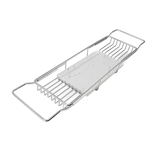 Metal Marble Bathtub Rack, Bathtub Caddy Tray Stainless Steel Shower Caddy Tray with Extending Sides, Bathroom Trays (Silver White) - size: Silver White
