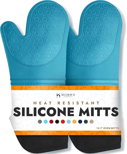 BPA-Free Soft Silicone Oven Mitts - Ultra Heat Resistant Oven Mitts with Thick Cotton Liner - Extra Long Slip Resistant Pot Holders, Flexible Oven Gloves - Aqua/Black 14.7" - color: Aqua, size: 2-Piece 14.7" Oven Mitts