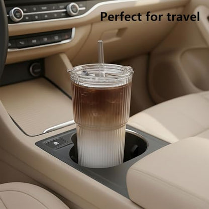 Ruckae 20oz Ribbed Glass Tumbler with Lids and Straws – 2 Pack Leak Proof Iced Coffee Cup– Aesthetic Glass Cups with Bamboo Lids for Home,Office,Travel and Gifts (2, Transparent) - color: Transparent with Stripe, size: 20oz-2pack