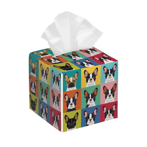 Boston Terrier Dog Faces Leather Tissue Box Cover, Waterproof PVC Leather Napkin Holder, Decorative Tissue Case for Coffee Table Office Bedroom Kitchen Bathroom Car - color: Boston Terrier Dog Faces