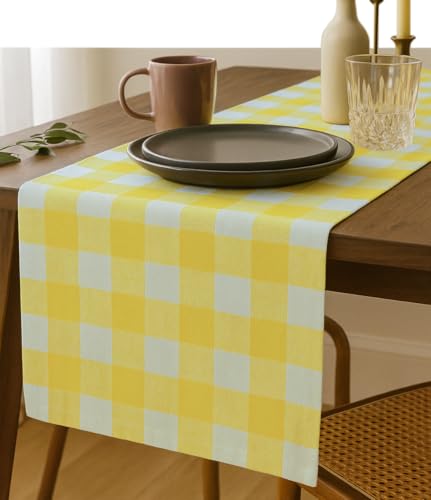Lemon Yellow Buffalo Check Table Runner, 13x108 Inches, 100% Cotton, Washable, Reusable Farmhouse Dining Table Linen, Bright Summer Décor for Weddings, Baby Showers & Everyday Dining - color: Lemon Yellow, size: 108" x 13" (Rectangular)