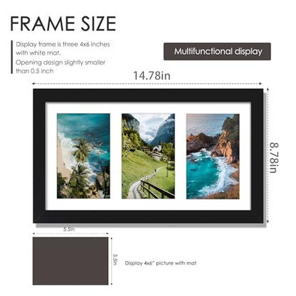 DUENPY 8x14 Collage Picture Frame, 4x6 Collage Picture Frame Displays Three 4x6 inch Photos, or 8x14 (Without Mat) for Available Horizontal Wall Mounting Display and Vertical, Black. | Wall Mount Display, Horizontal & Vertical, 8x14 (Without Mat) Photo Fr