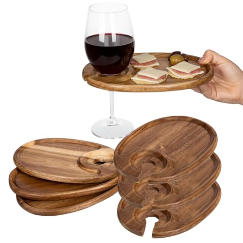 6-Piece Acacia Wood Wine Appetizer Plate Set with Wine Glass Slot 9 x 6 x 0.5 Inch Individual Charcuterie Boards Mini Cheese Board and Snack Tray for Parties Gifts