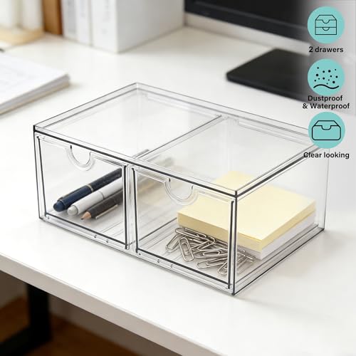 Prsildan Stackable Clear Makeup Organizer Acrylic Storage Drawers with 2 Drawers for Vanity Bathroom Office Desk Modular Drawer System for Cosmetics Jewelry Toiletries Home Organization - size: Stackable-2Drawers