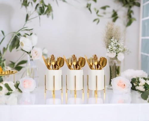 2pcs Sturdy Cutlery Holder White Ceramic With Metal Bracket Robust Silverware Caddy For Countertop - Spoon Holder Silverware Caddy - color: Gold white, size: S